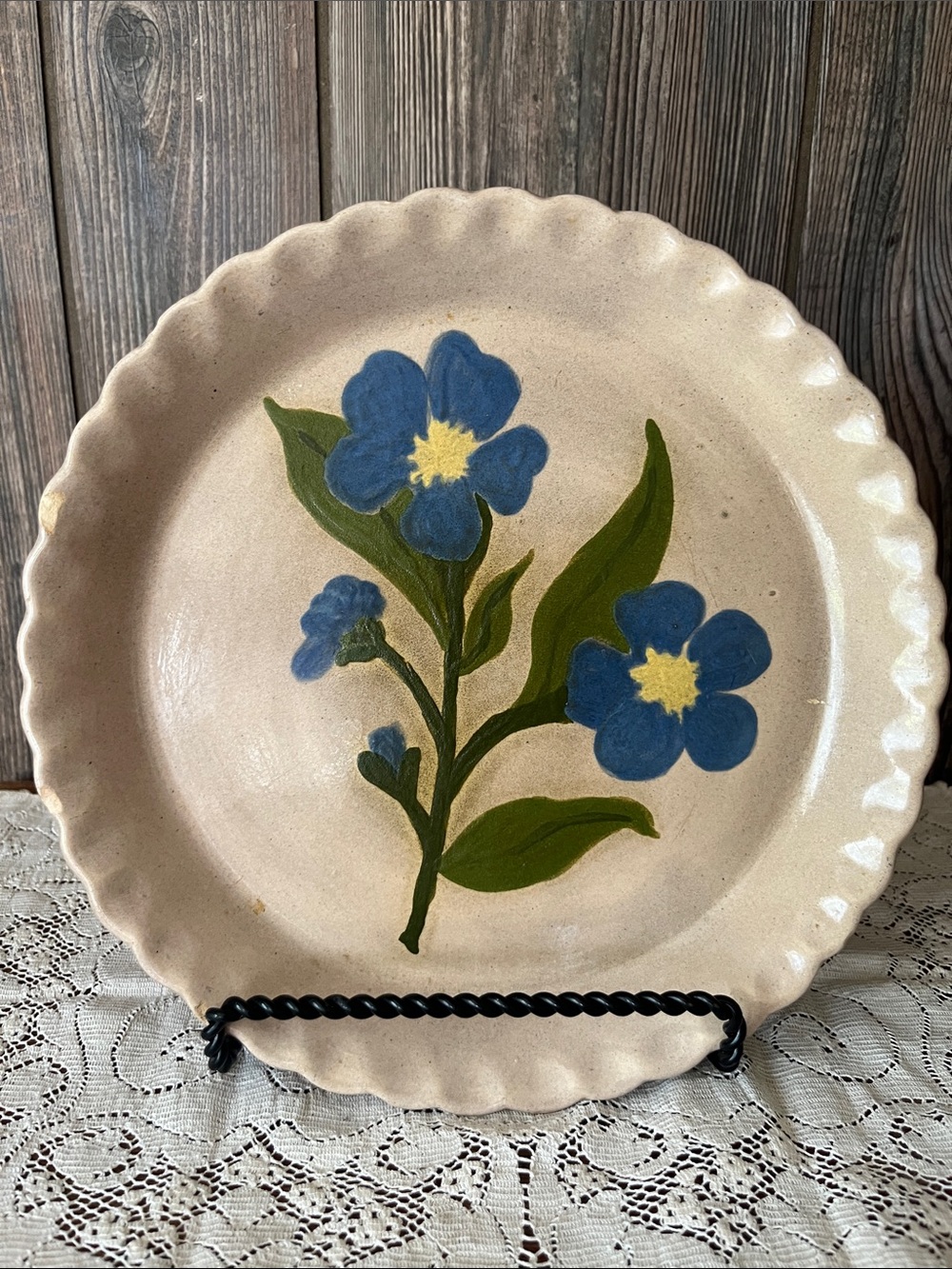 Hand-Painted Blue Floral Ceramic Plate - Blue